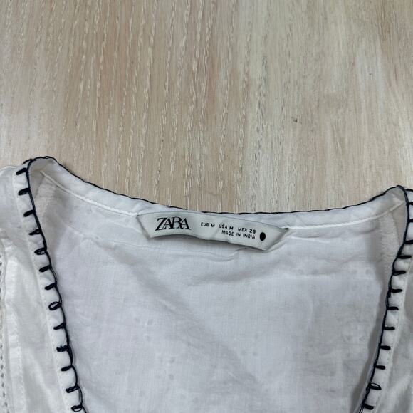 Zara White Eyelet Embroidered Puff Sleeve Boho Peasant Mini Dress Top Medium - Picture 8 of 12